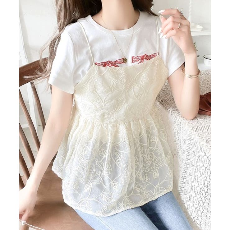 大人のレイヤードスタイル。シアー花柄刺繍オーバーキャミビスチェ