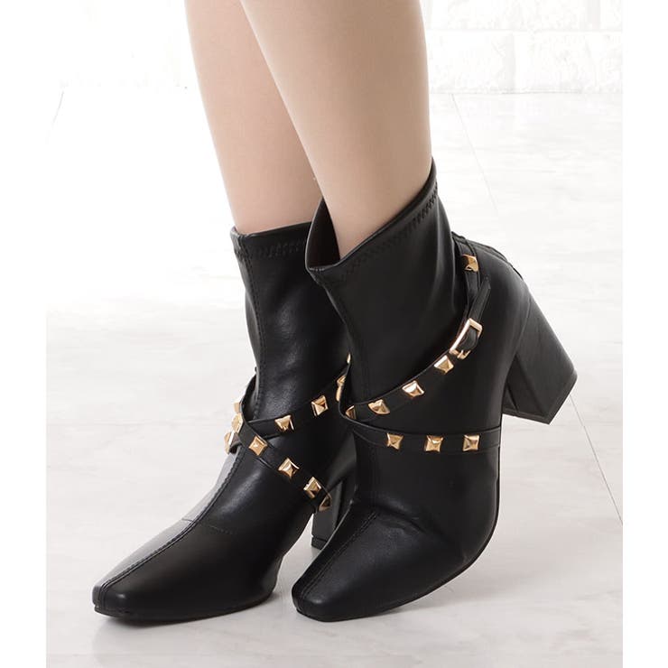 スタッズクロスベルトチャンキーショートブーツ[品番：LCLW0004886