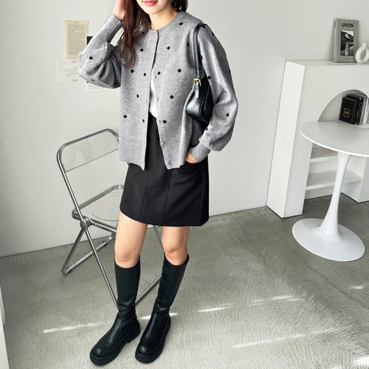 ドットジャガードクルーネックニットカーディガン[品番：GERW0010785