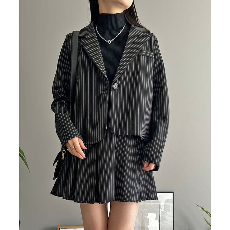ピンストライプジャケット×プリーツスカート セットアップ[品番