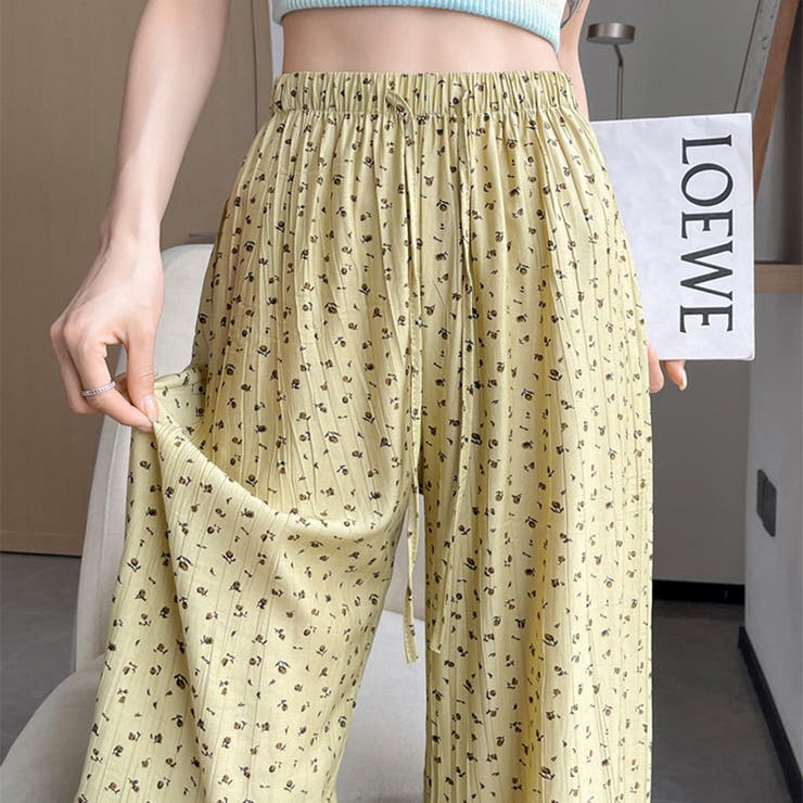 夏 冷感 ストリング 小花柄 ワイドパンツ 韓国ファッション[品番