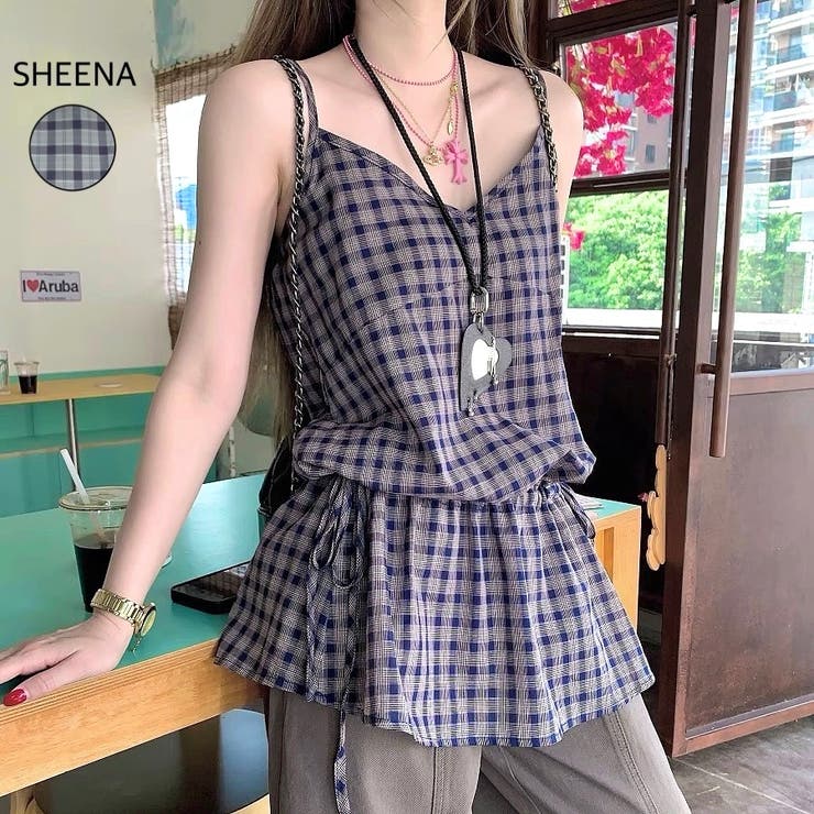 チェック柄サイドドロストリボンキャミチュニック[品番：SHNW0012524