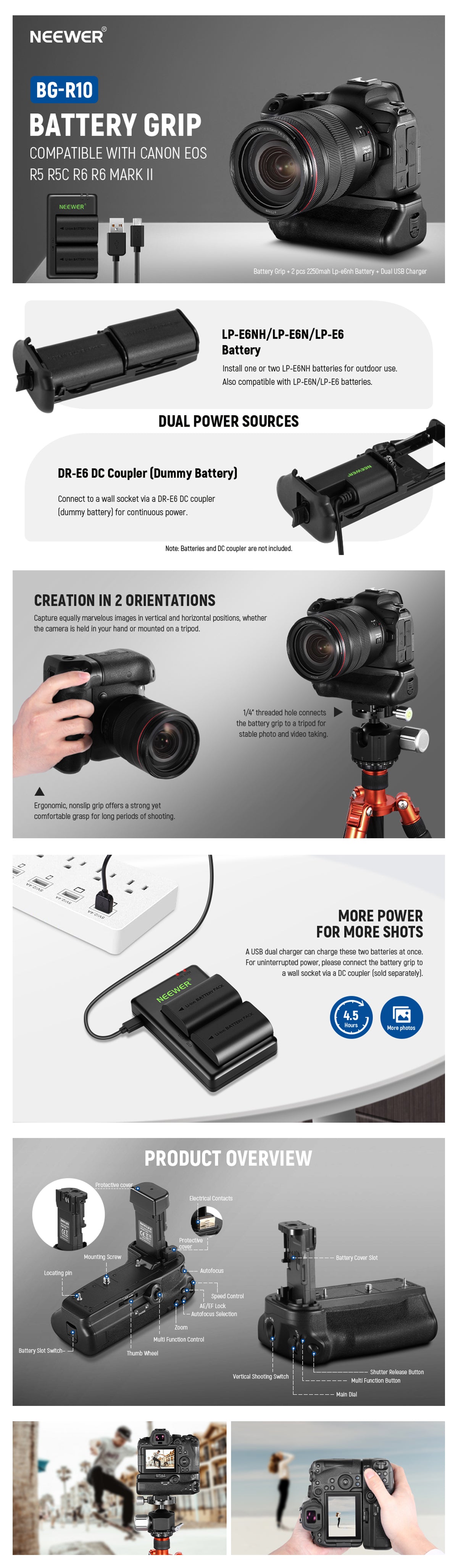 NEEWER BG-R10 Battery Grip for Canon EOS R5/R5 C/R6/R6 Mark II