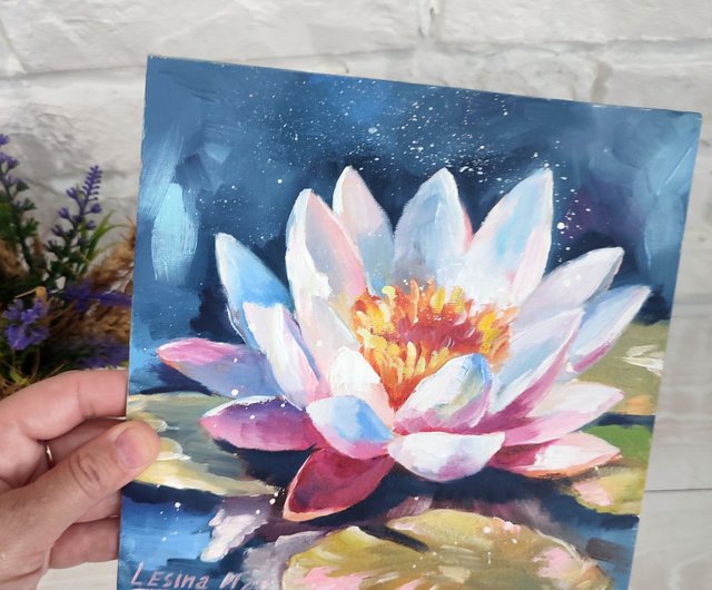 ロシア 蓮 オイルペインティング 蓮 原画 ピンクの花 アートワーク