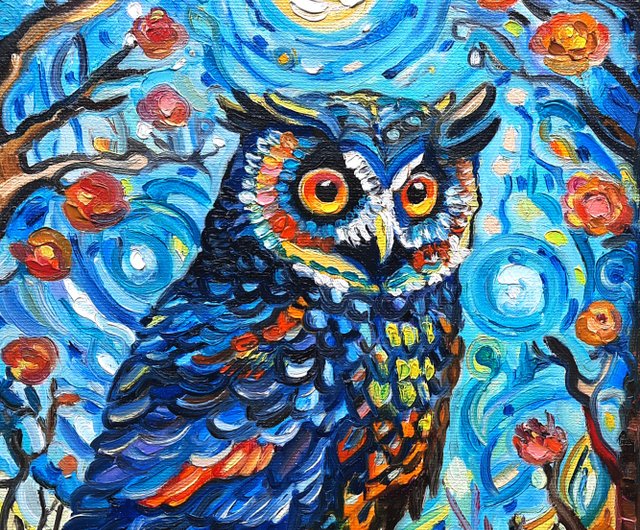 送料無料】ロシア フクロウアート鳥カラフル オリジナルアート 油絵