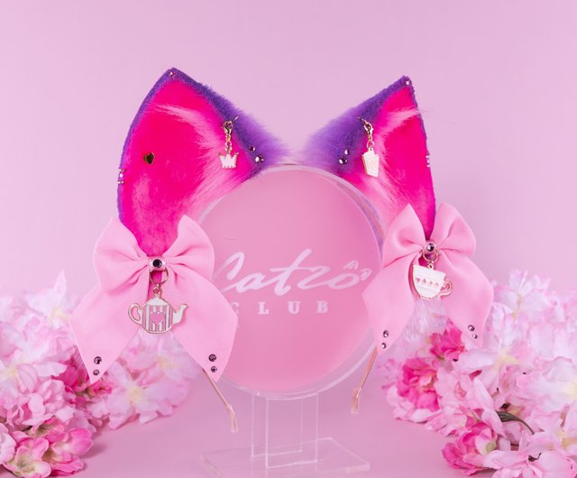 エストニア パープル＆ピンク チシャ猫風 耳＆しっぽセット フェイク