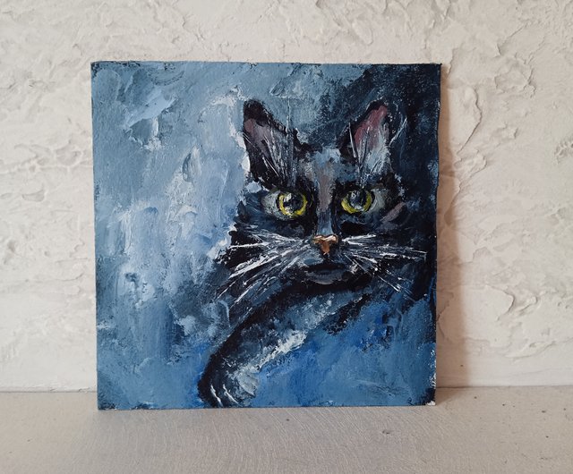 送料無料】ウクライナ 黒猫の絵画 オリジナルアート 油絵 ペットの