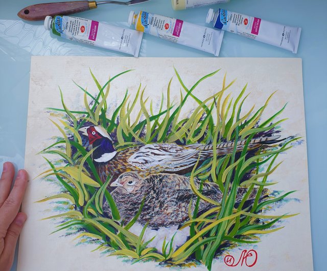 送料無料】ロシア キジの絵鳥の巣 原画鳥ウォールアート 動物アクリル