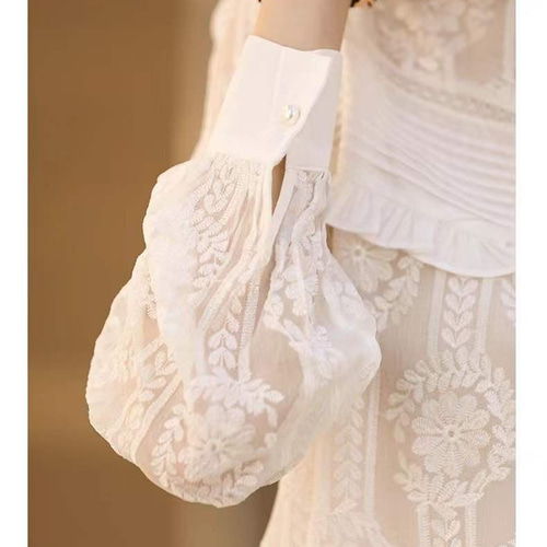 ジョーゼットシルク100%】透け感刺繍生地 フェミニンブラウス【秋春夏