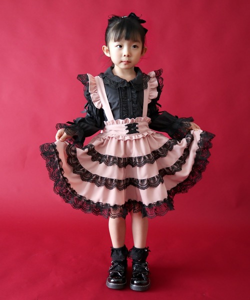 お嬢様風ロリータレースティアードジャンパースカート（ワンピース