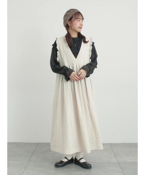 Cross×Linen】肩フリル前後2WAYジャンパースカート（ワンピース