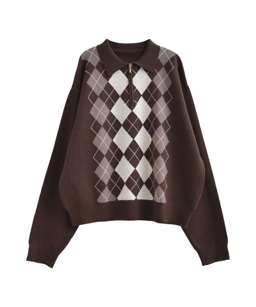 セール】アーガイル柄ハーフジップニットトップス（ニット/セーター