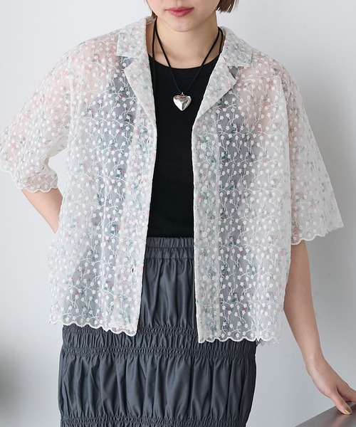 forksy.】【セットアップ対応】花柄刺繍シアーオーガンジーオープン