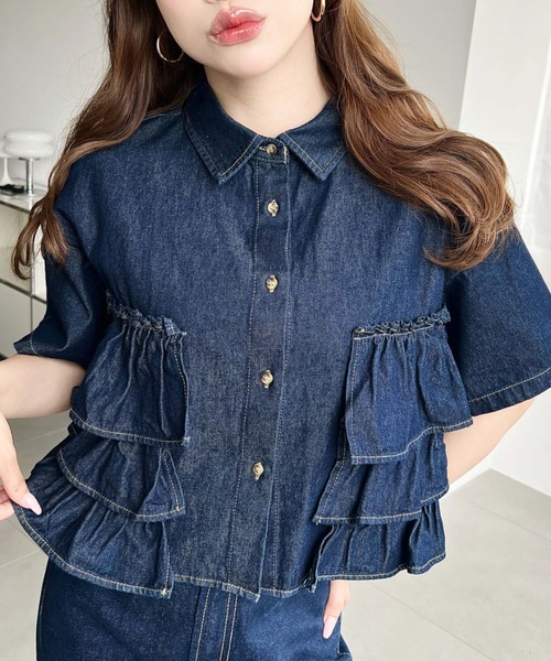 セール】半袖ティアードフリルデニムシャツ（シャツ/ブラウス