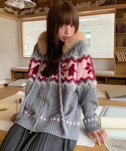 セール】ファーフード付き ノルディック柄ニットジップブルゾン