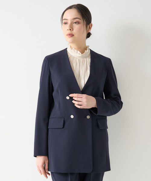セール】ノーカラーダブルジャケット（セットアップ対応）（ノーカラー