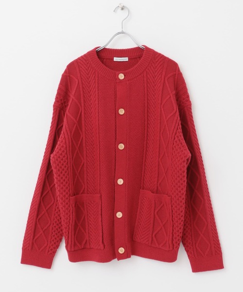 セール】アラン編みクルーネックニットカーディガン（カーディガン