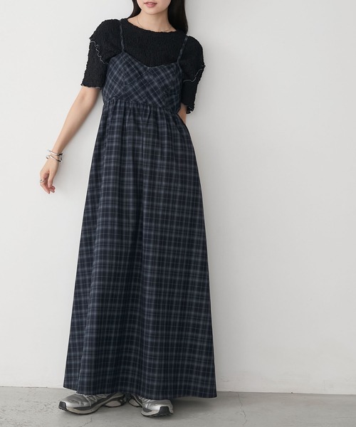 forksy.】チェック柄スイッチングロングキャミワンピース（ワンピース