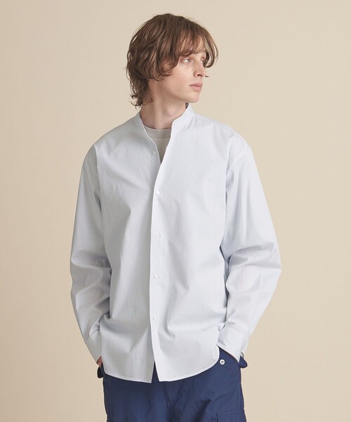 ZOZO限定】ブロード ワイドフォルム バンドカラー ストライプシャツ