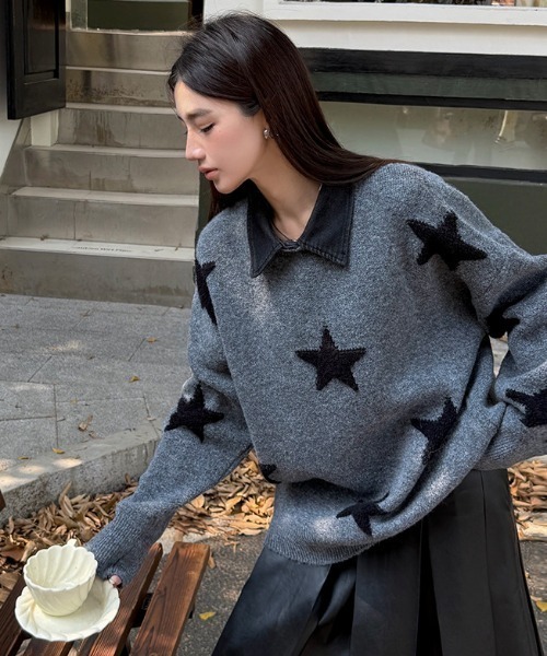 セール】【つけ襟セット】 バイカラーチェリー/星柄ニット（ニット