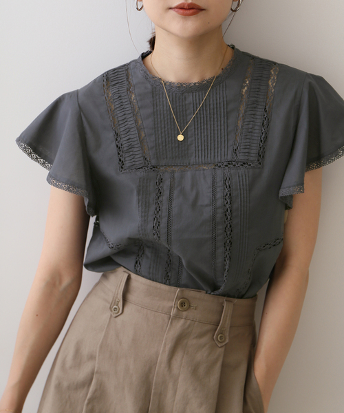 レースピンタックフリルブラウス【手洗い可能】（シャツ/ブラウス
