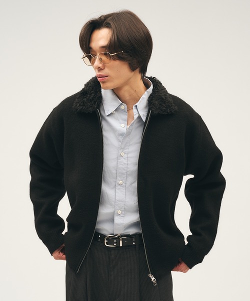 セール】Faux Fur Collar Double Zip Knit / ファーダブルジップニット