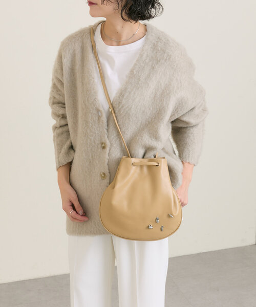 セール】《軽量290g/本革/2way》カフェパーツチャーム付き巾着バッグ