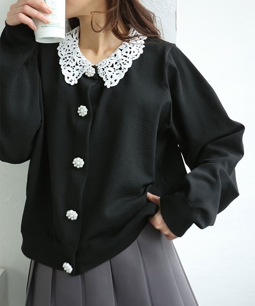 レース付け襟パールボタンニットカーディガン（ニット/セーター