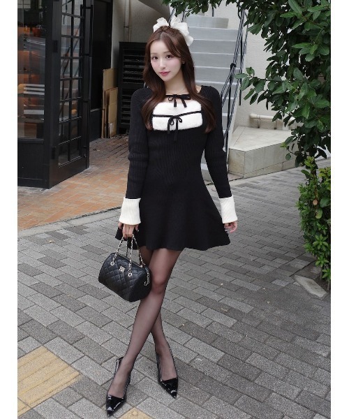 Darich リボンファーフレアニットミニワンピース FREEブラック