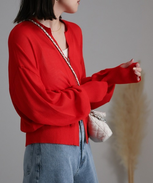 セール】シアーZIPニットカーディガン/ 透かし編みニット