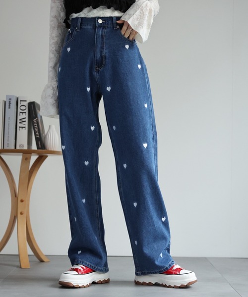 セール】【3サイズ展開】ハート刺しゅうデニムパンツ/ジーンズ（デニム