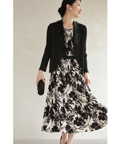 黒）アコーディオンプリーツカーディガンと花柄ワンピースの2点セット