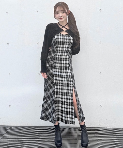 セール】シャギーボレロロングチェックワンピース（ワンピース