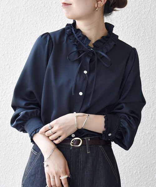 SHIPS any:〈洗濯機可能〉サテン フリル カラー リボン シャツ