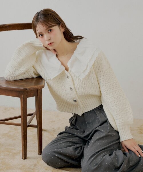 SALON by Chico】フリルダブルカラー柄編みカーディガン（カーディガン