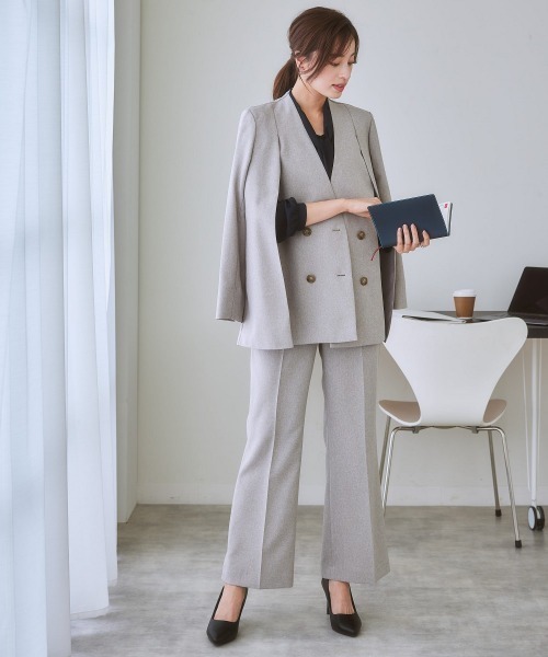 洗える】2WAYダブルブレストジャケットパンツスーツ（ノーカラー