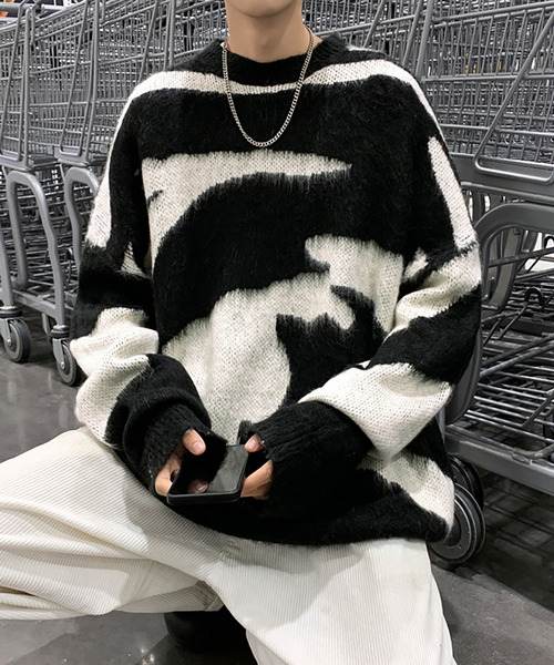 セール】オーバーサイズ ニュアンス モノトーン モヘア ゼブラ調