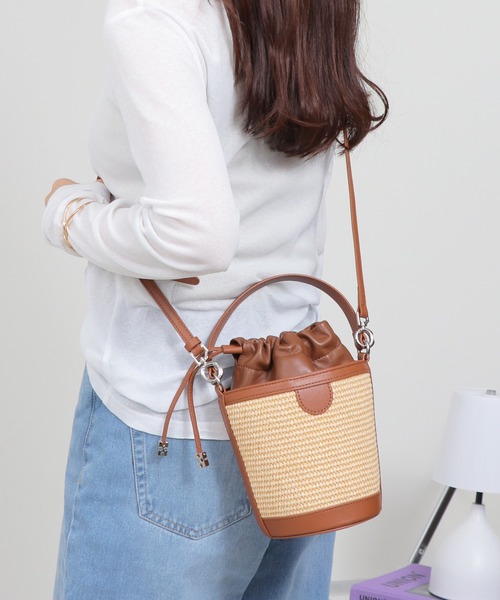 ハンドル本革】2WAY かごバッグ かごショルダーバッグ（かごバッグ