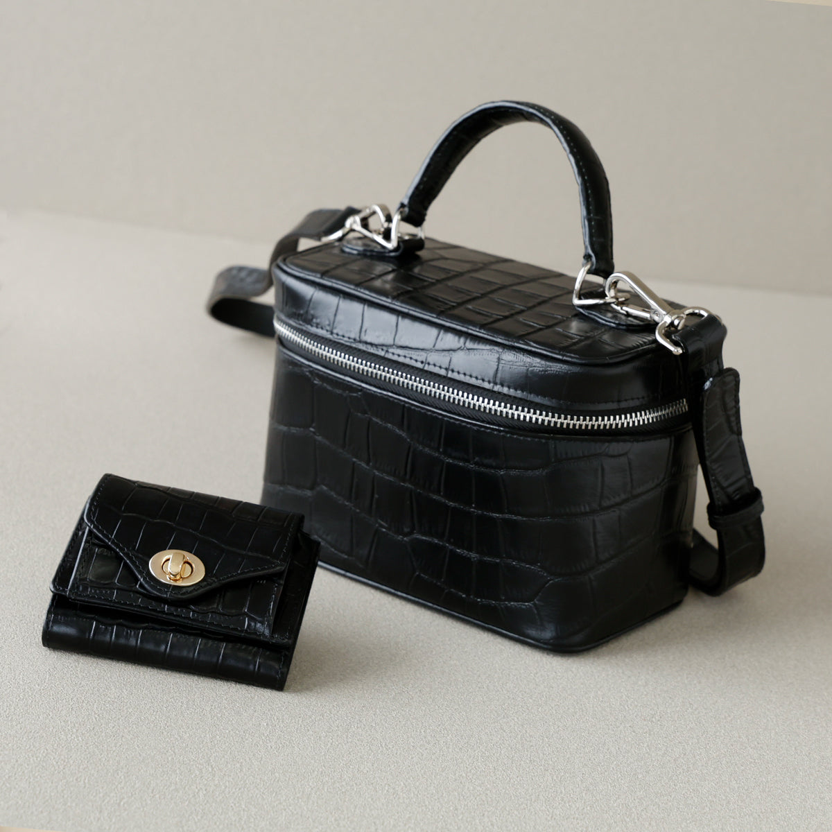 本革 バニティバッグ クロコ型押し クロコダイル バッグ ハンドバッグ