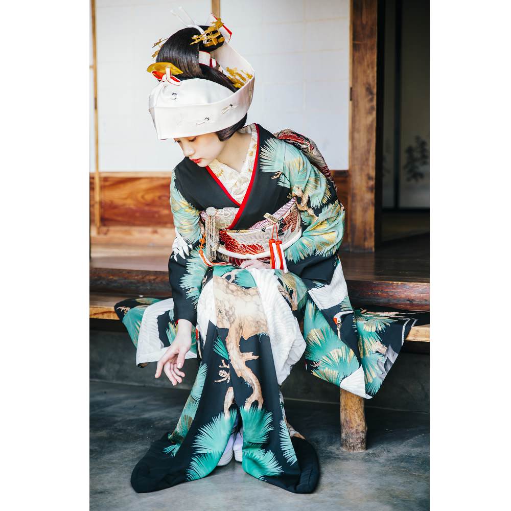 アンティーク振袖 黒地/老松総柄に鶴 【結婚式 和装 引き振袖 レンタル