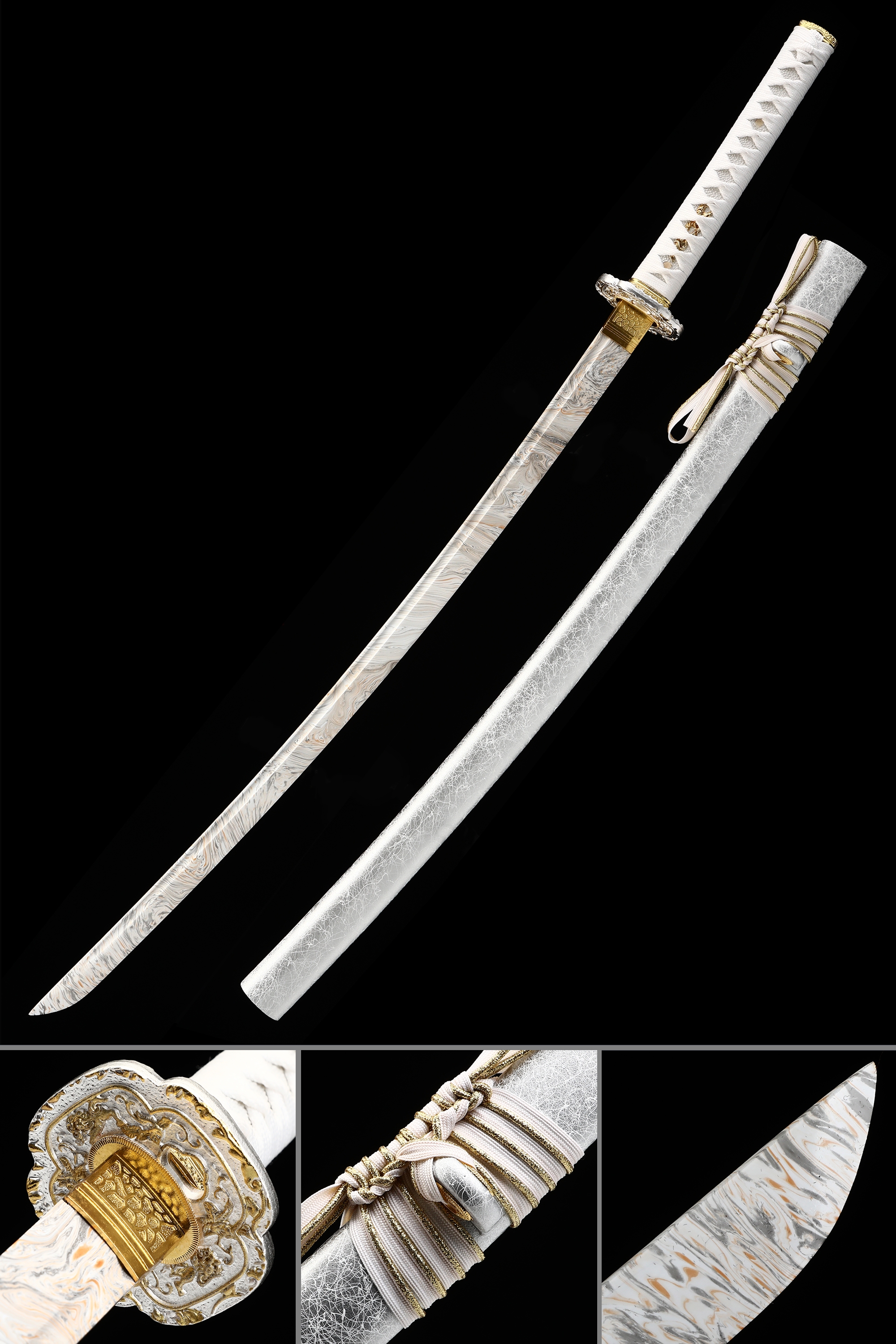 White Blade Katana | Folded Damascus Steel Katana with White