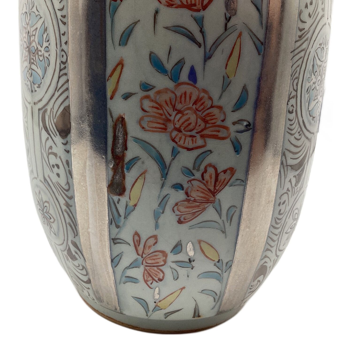 備前焼 (ビゼンヤキ) プラチナ彩色絵花文花瓶 宮崎祐輔作/【谷鳳窯