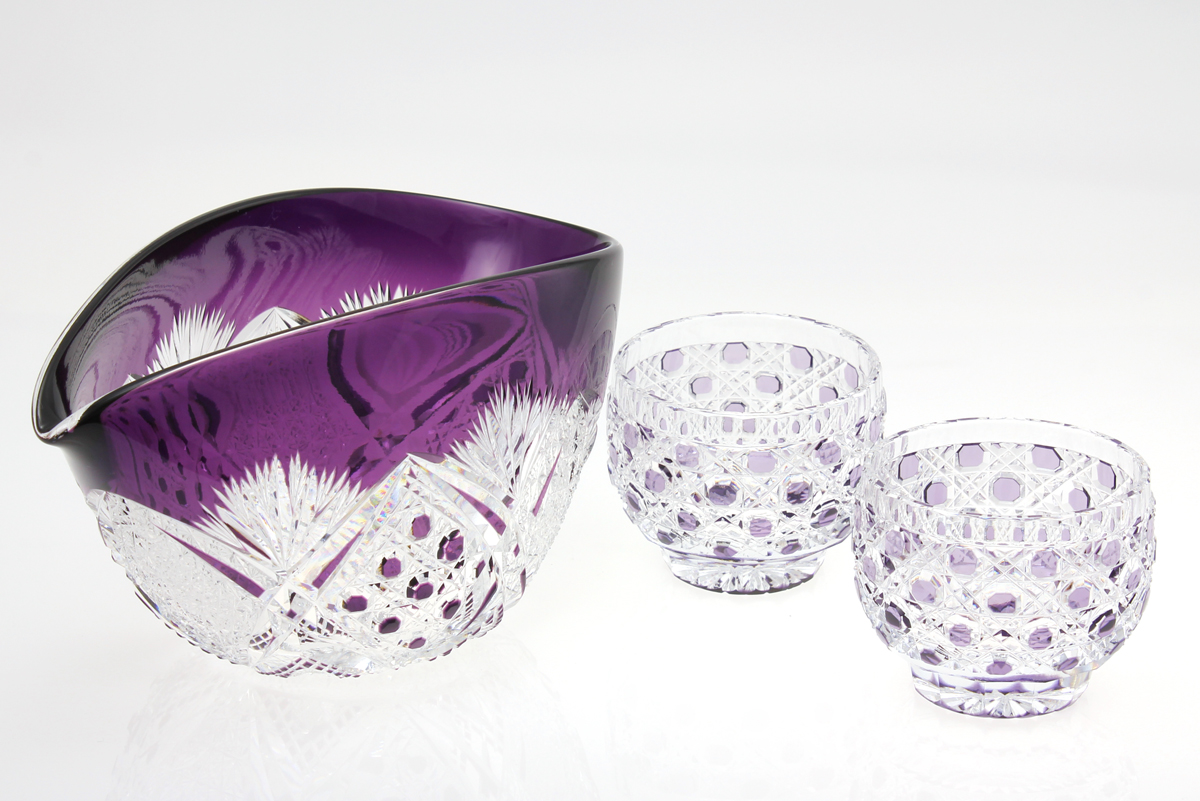 江戸切子 S204片口・ぐい呑み2個セット 雫 紫1セット | 江戸切子.jp