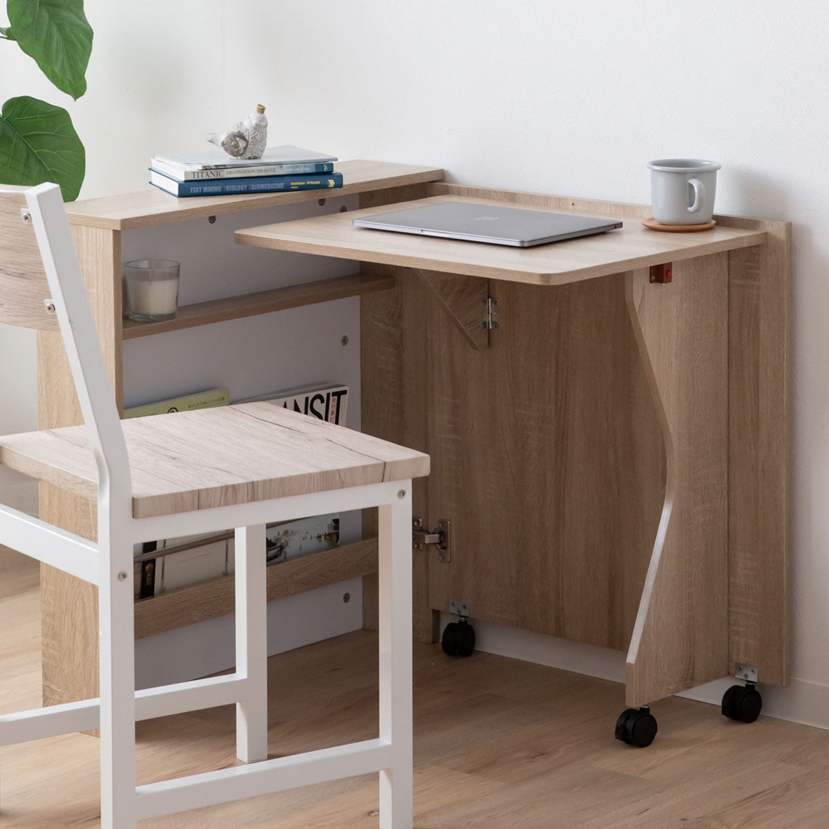 しまうデスク キャスター付き 木製 折りたたみ デスク テーブル 机