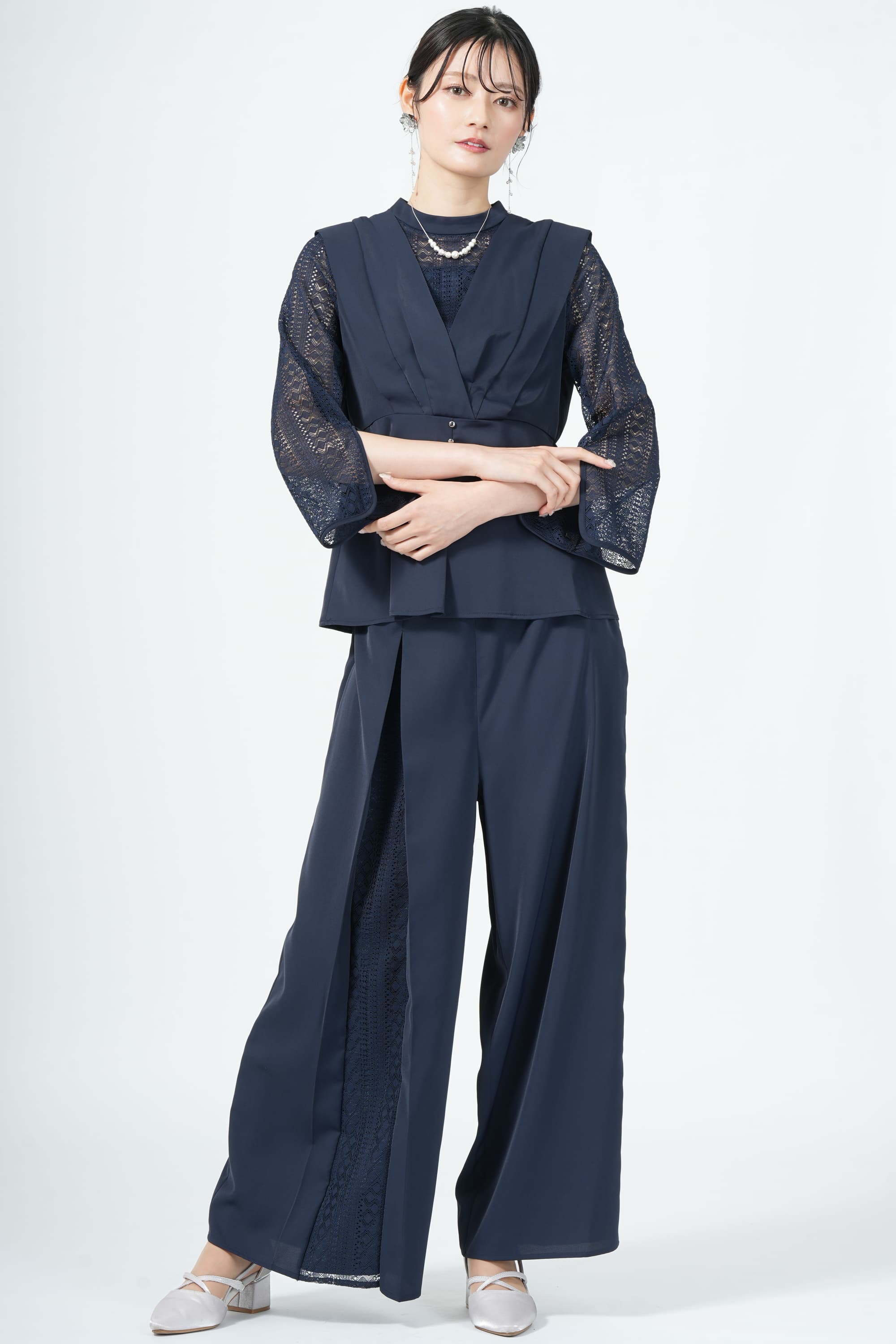 Callarus アシメレース切り替えネイビーパンツドレス (L〜LL) を