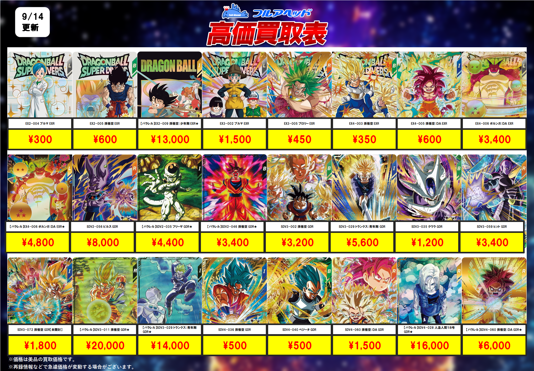 ドラゴンボールダイバーズ】買取表、販売価格の調整を行いました！