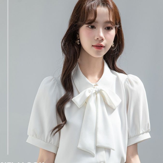 白ブラウス 優美なパフスリーブリボンブラウス ボウタイ|白ブラウス