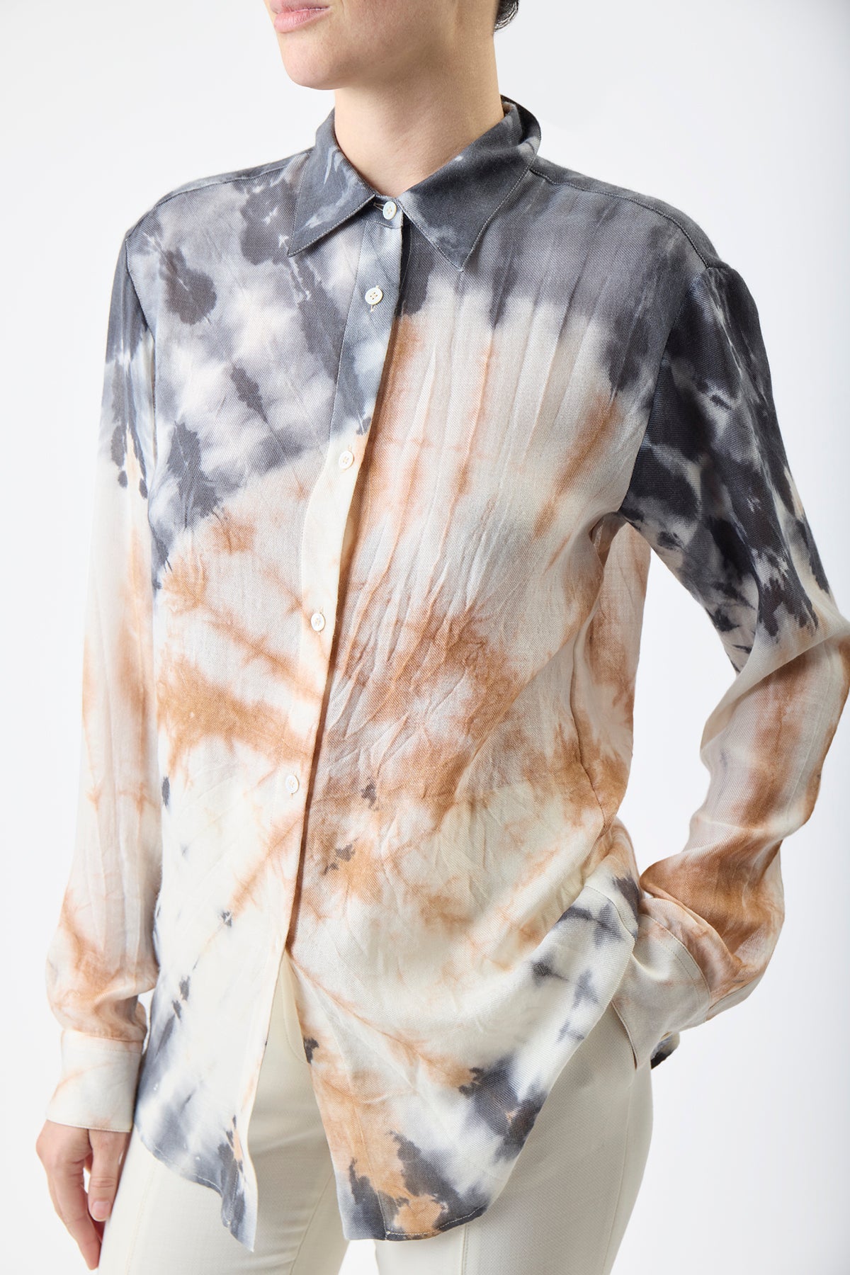 Ferrara Shirt in Camel Multi Tie Dye Cashmere Silk Gauze