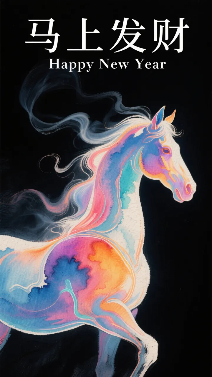 中国水墨画风格，一匹奔腾的骏马，马身由浓淡不一的墨迹构成，墨迹中