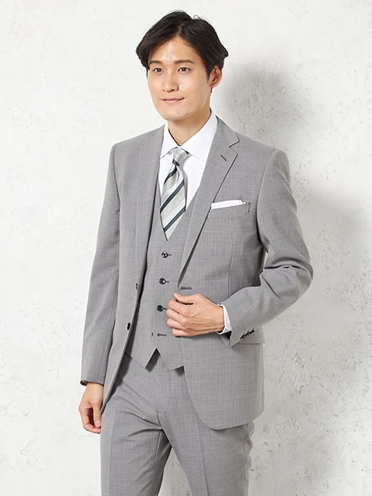 ウォッシャブル】スリーピーススーツ 2つボタン ウール混 ノータック